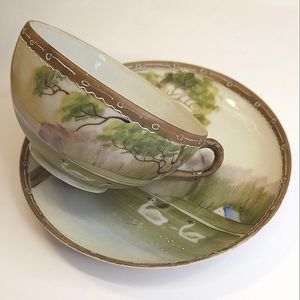 Vintage Hand Painted Nippon White Swan Duck Scene Cup & Saucer Tea Cup Set